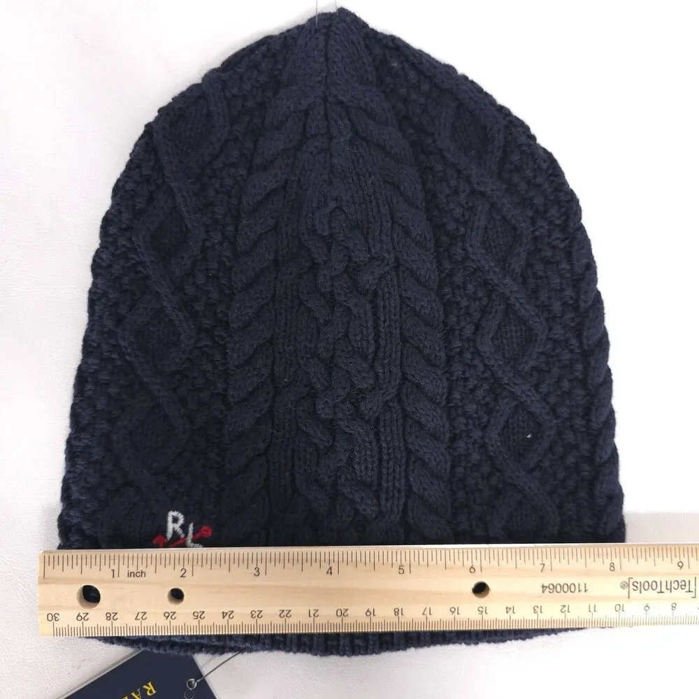 POLO RALPH LAUREN New Beanie One Size 7-16 Navy Blue Aran Cable Knit Embroidered